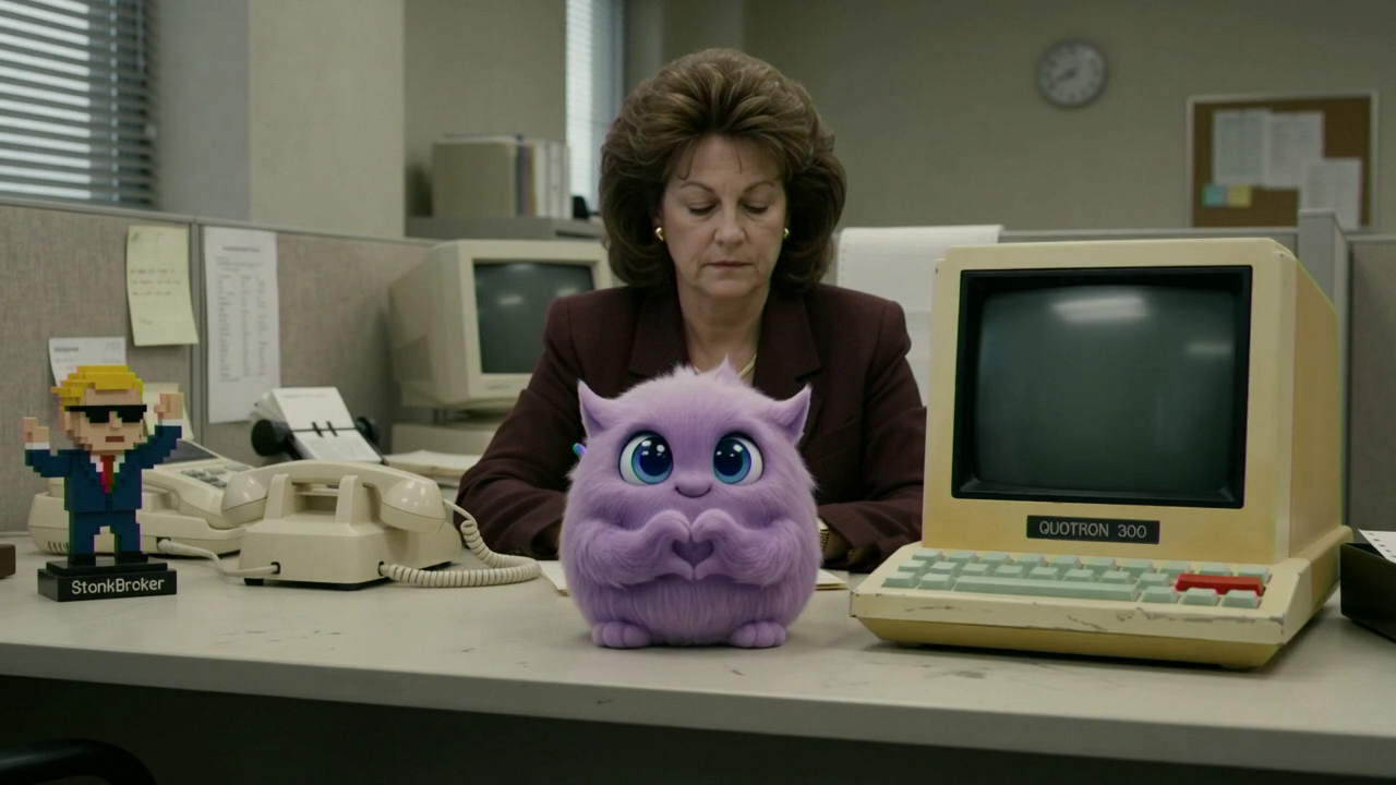 From the INKORPORAID office series: a receptionist with ANITA and a vintage Quotron terminal